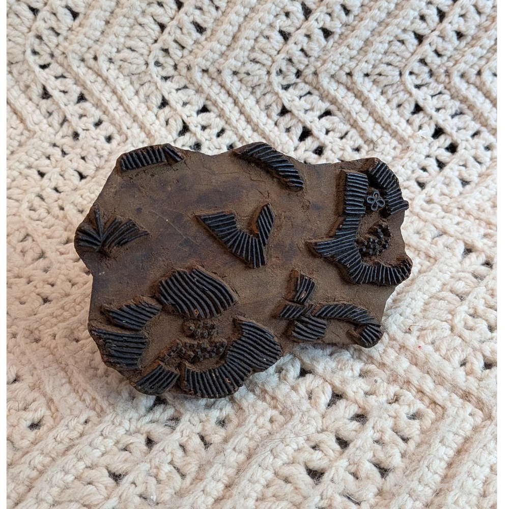 Vintage Hand Carved Wood Textile Printing Block Organic Pattern Brass Keyhole